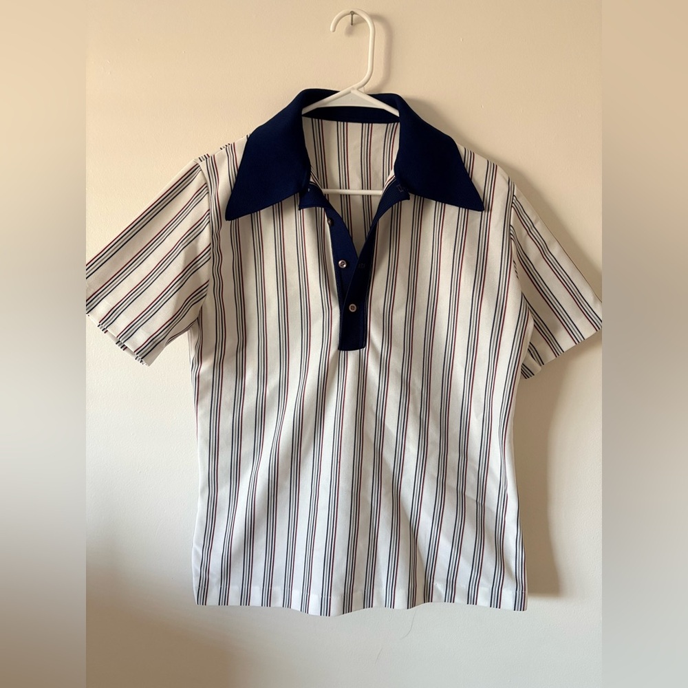 Men's White Striped Polo Shirt with Navy Collar
